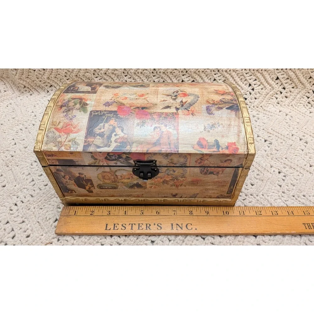 Vintage Style Decoupage Wooden Treasure Chest Jewelry Keepsake Box Gold Trim